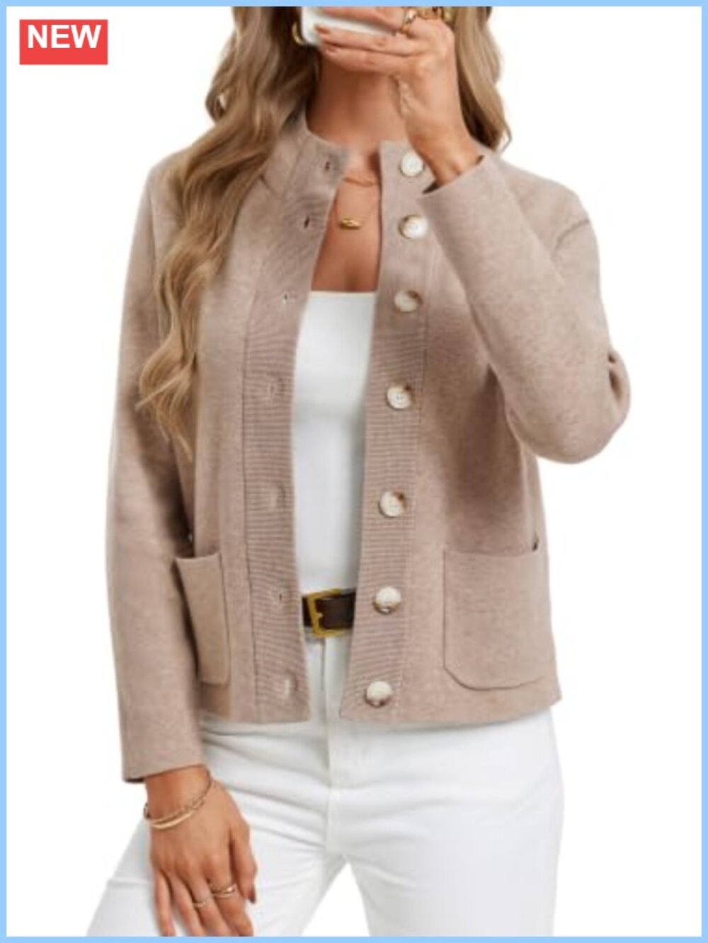 Chunky Knit Cardigan Sweater Mock Neck Button Down Pockets Fall Winter Warm